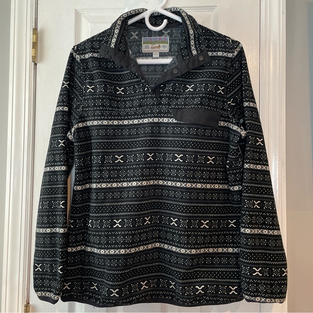 Jachs Cabin Fleece Pullover Sweater‎ Black Fair Isle Cozy Women’s Size Small